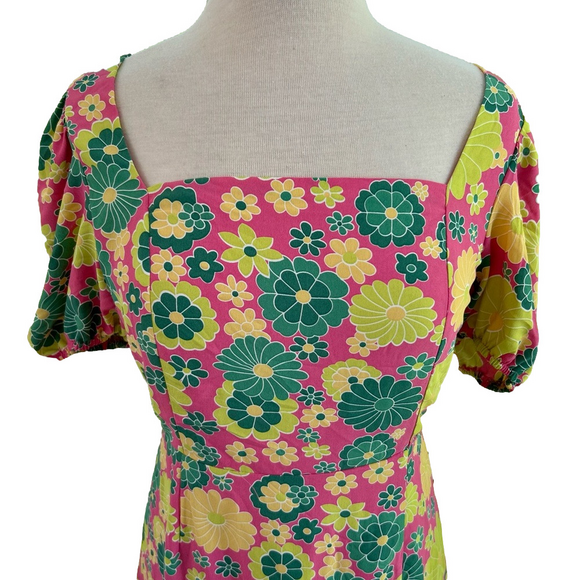 Glamorous Pink Green Yellow Size 8 Dress Floral Tie Back Square Neck Side Split - Picture 3 of 13